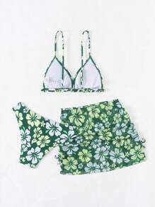 SHEIN Tween Girl Flower Printed Bikini Set 3pcs/Set Summer Beach - Multicolor - View 2