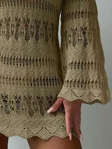 SHEIN Swim Summer Beach Solid Color Knitted Hollow Out Flare Sleeve Cover Up - Khaki - View 4