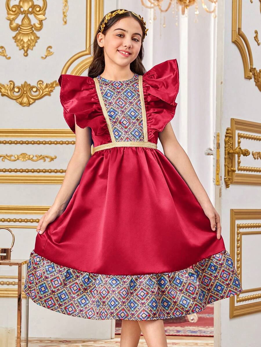 SHEIN Tween 女童可爱圆领拼布荷叶边下摆印花连衣裙