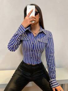Flirla Women's Single-Breasted Striped Long Sleeve Shirt Fall Cloth For Women - Royal Blue - View 4