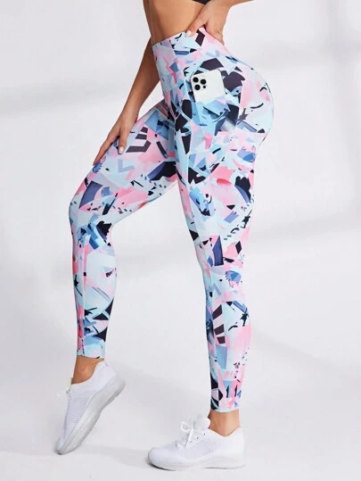 Core Rhythm 女式几何印花运动紧身裤，带侧袋，瑜伽裤