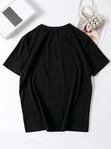 Women's Casual Letter Print Short Sleeve Crew Neck T-Shirt - Black - View 2