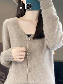 新款春季時尚復古純色薄款V領開襟針織衫 - 駝色 - 查看 2
