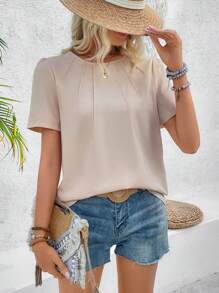 SHEIN LUNE Camisa De Manga Abullonada De Color Sólido Con Pliegues Pellizcados - Albaricoque - Ver 3