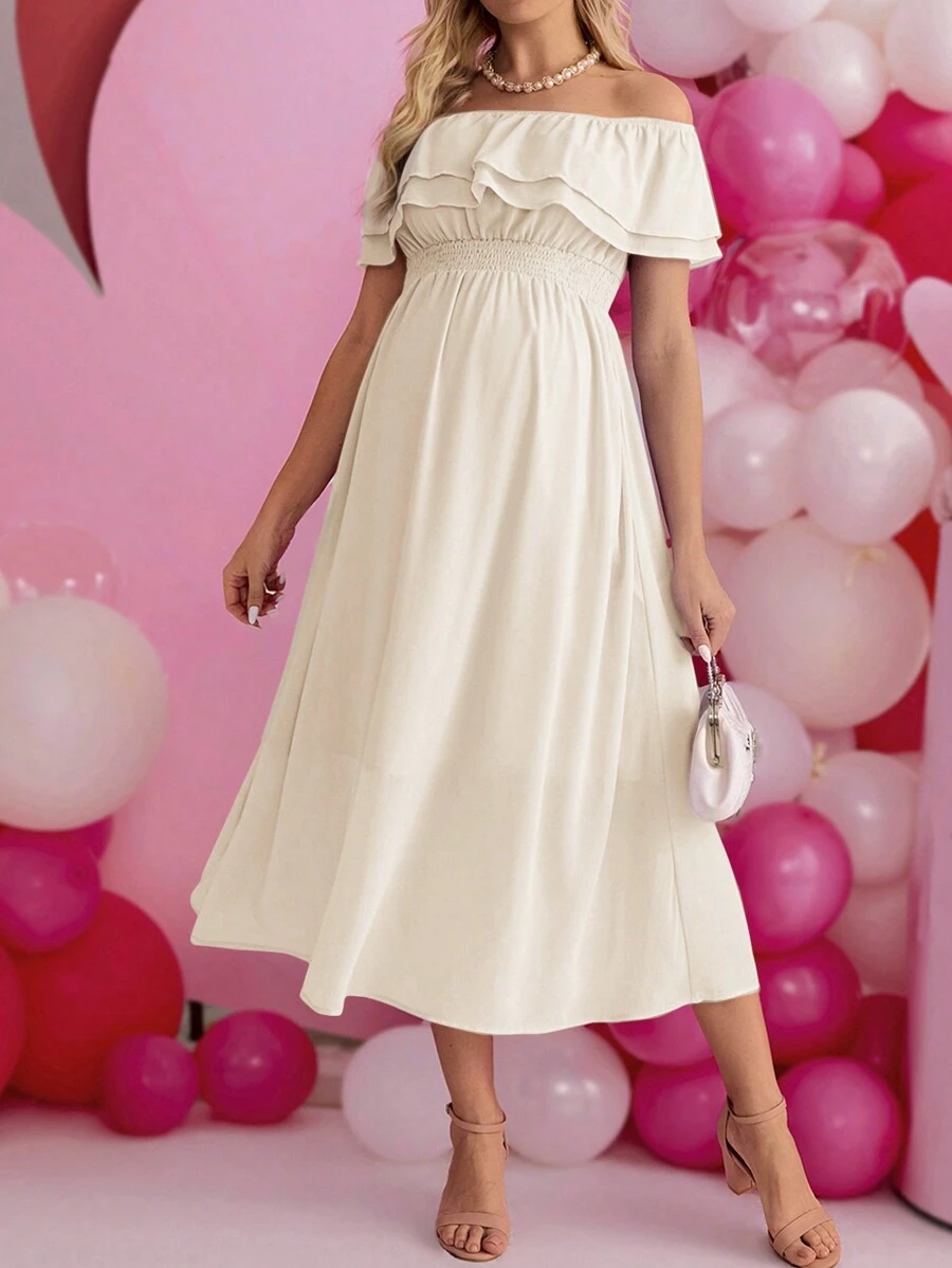 SHEIN Solid Color Maternity Off-Shoulder Ruffled Edge High Waist Dress - Apricot - View 1