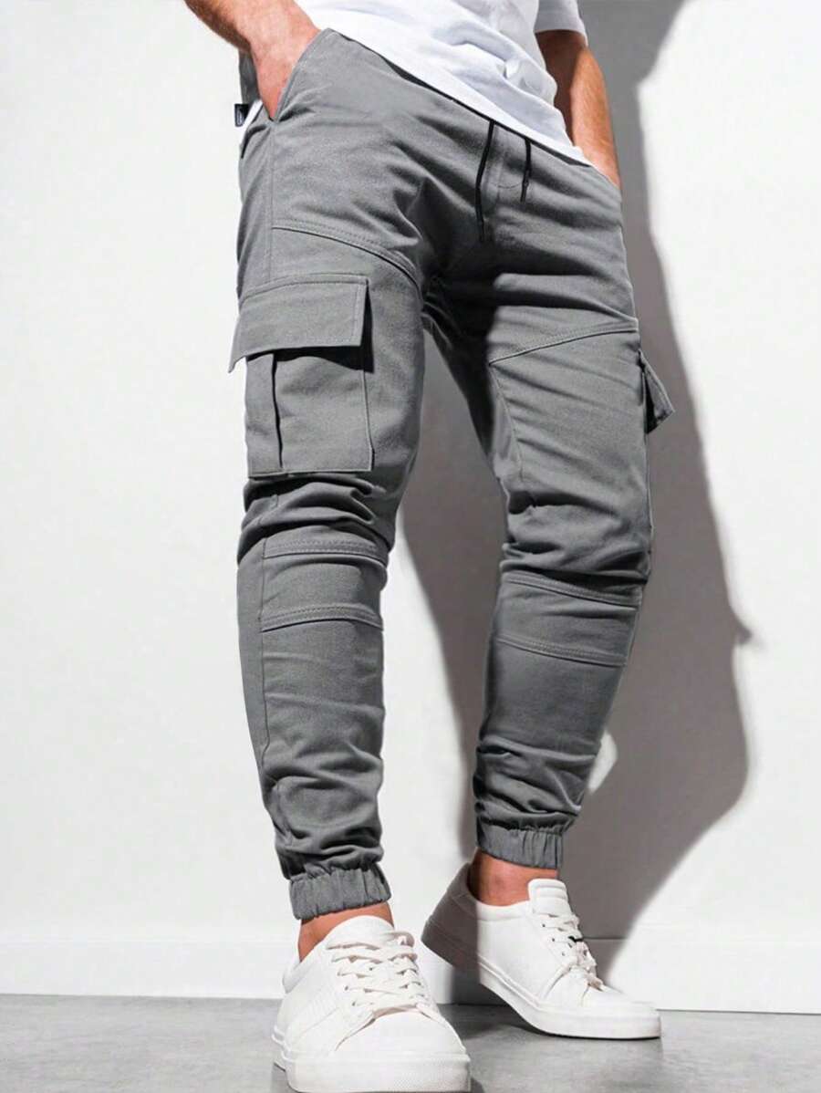 Manfinity LEGND Men Flap Pocket Drawstring Waist Cargo Trousers - Dark Grey - View 1