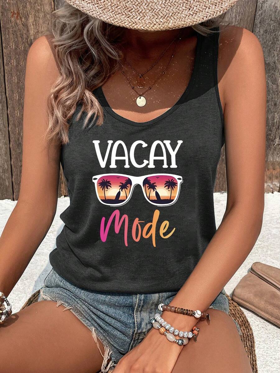 INAWLY Sunglasses & Casual Tank Top With Letter Print Graphic Tees Women Tops - Dark Grey - View 1