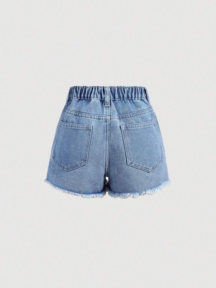 SHEIN Girlism Tween Girl Y2K Spring And Summer Boho Star Patched Faded Frayed Denim Jeans Shorts,Girls Summer Clothes Outfits - Medium Wash - View 2