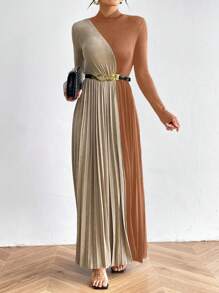 SHEIN Privé Color Block Pleated Mock Neck Long Sleeve Dress With Slit - Orange - View 3