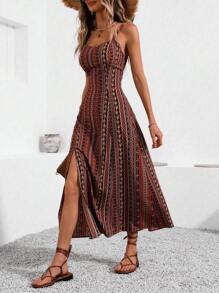 Breezaya Vintage Style Women's Printed Spaghetti Strap Dress With High Side Slit Maxi Vacation Beach Outfit - Orange - View 1