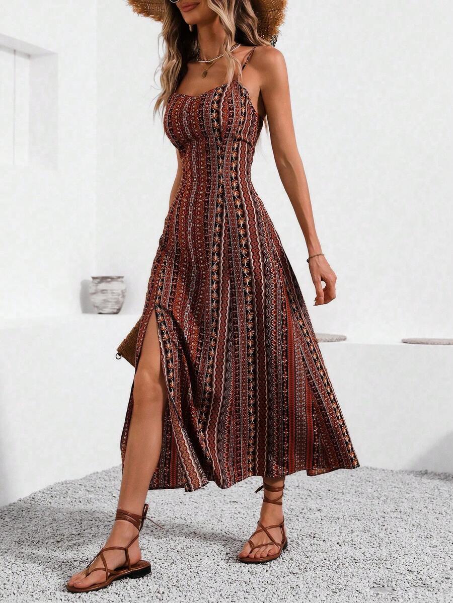 Breezaya Vintage Style Women's Printed Spaghetti Strap Dress With High Side Slit Maxi Vacation Beach Outfit - Orange - View 1