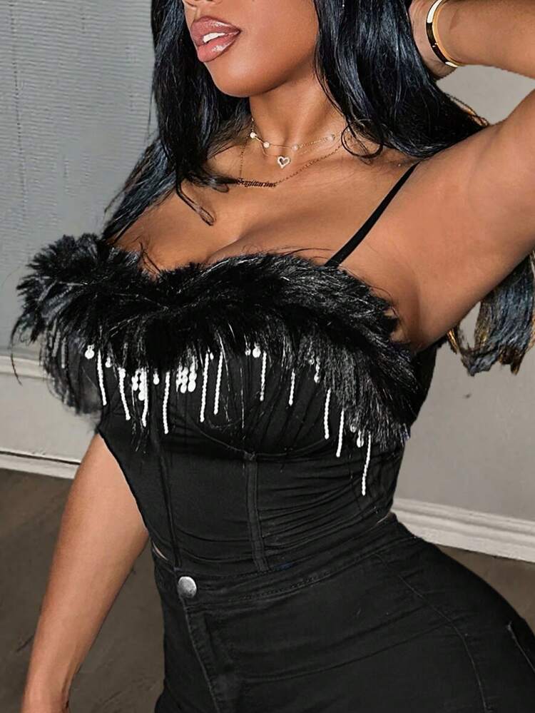 Elegant Music Festival Top Pearl Tassel Suspension Short Black Knitted Women's Bodycon Mini Tank Top