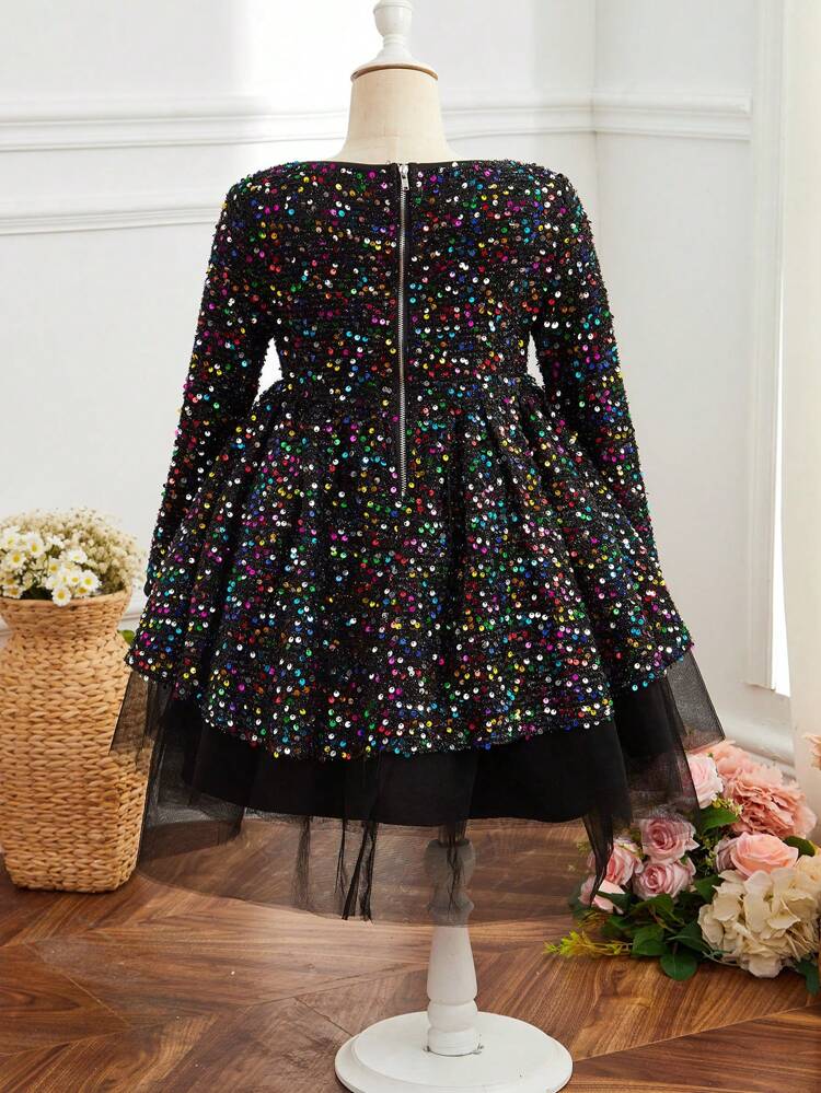 Tween Girl Woven Shimmering Sequin Patchwork Tulle Formal Dress