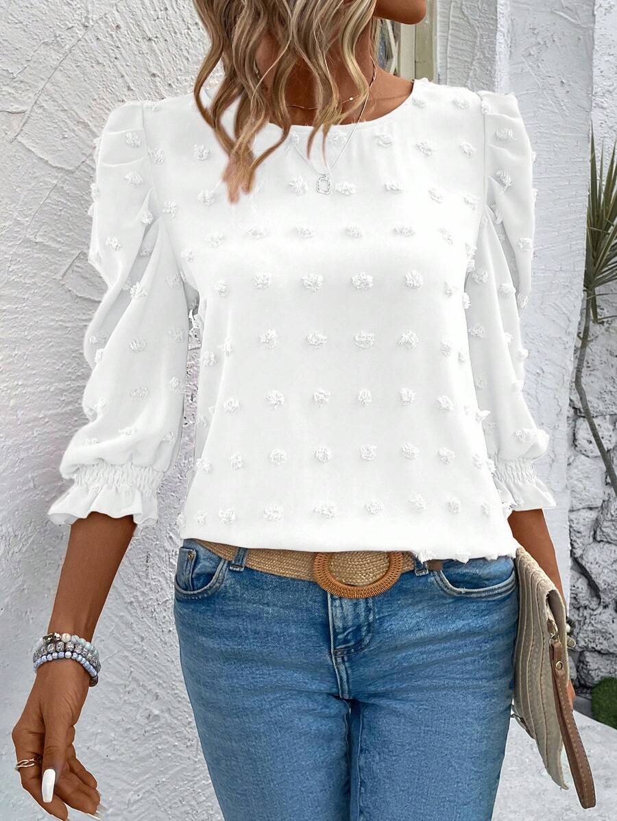 EMERY ROSE 圆领瑞士圆点图案休闲衬衫，七分袖上衣 - 白色 - 查看 1