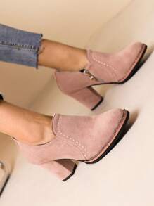 Pink Suede Pumps Fashionable Ladies' Chunky Heels For All Seasons - Dusty Pink - View 3