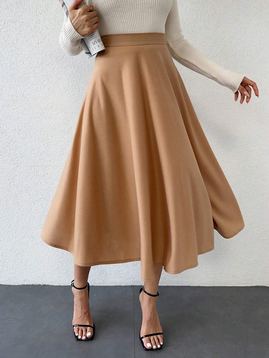 EURMUSE Solid Color Pleated A-Line Skirt - Beige - View 1