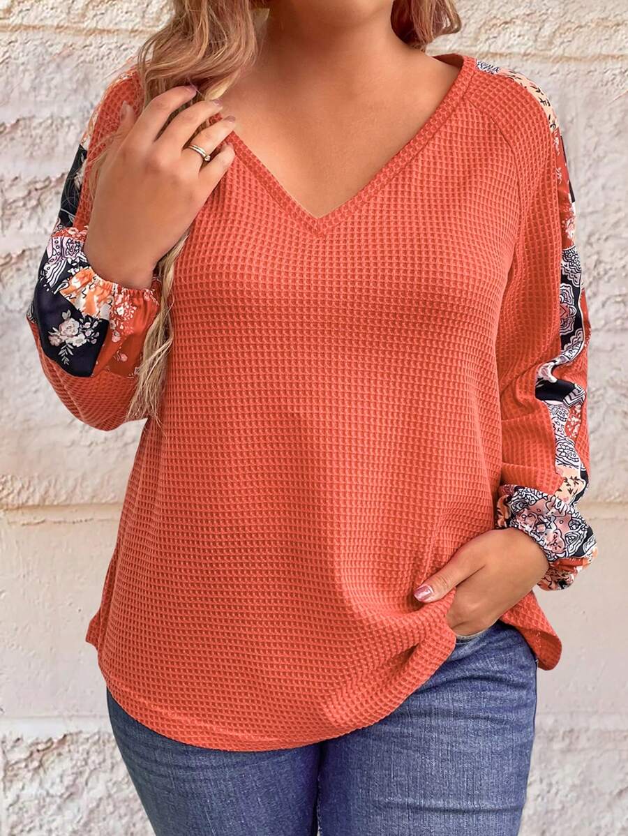 SHEIN LUNE Plus Paisley Print Raglan Sleeve Waffle Knit Tee Graphic Tees Women Tops - Orange - View 1