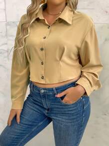 Calvaya Plus Size Solid Color Long Sleeve Button-down Shirt - Khaki - View 1