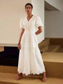 MOTF PREMIUM V-NECK PUFF SLEEVE FOLD PLEATED SCHIFFY DRESS - White - View 8