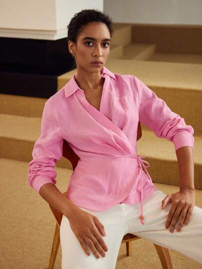 MOTF PREMIUM PURE LINEN SOLID WRAP BELTED BLOUSE,CHIC BLOUSE