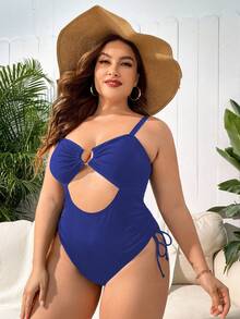 SHEIN Swim Curve 大尺碼女士中空腰圓環連接帶一片式泳裝 - 藍色 - 查看 4