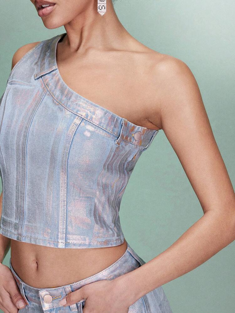Metallic Elastic Sexy One Shoulder Denim Top For Women&Music Festival