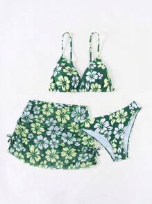 SHEIN Tween Girl Flower Printed Bikini Set 3pcs/Set Summer Beach - Multicolor - View 5