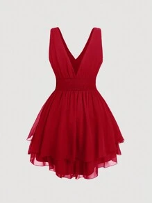 SHEIN MOD Robe Noire Pour Femmes Grande Taille Avec Taille Froncée Et Ourlet Multicouche