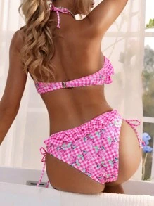Swim Vcay Women's Plaid Floral Print Ruffle Bikini Set Summer Beach - Pink - View 2
