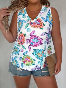EMERY ROSE Plus Size Women's Turtle Print V-Neck Tank Top For Summer Graphic Tees Women Tops - Multicolor - View 4