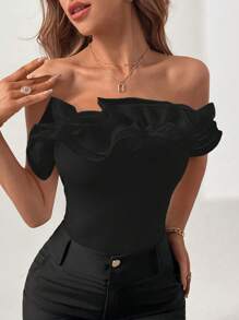 Firerie Solid Layered Ruffle Trim Tube Bodysuit - Black - View 5