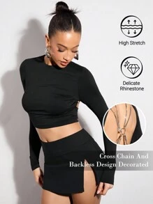SHEIN BAE Women's Black Long Sleeve T-Shirt With Cross Chain And Backless Design Decorated With Rhinestones