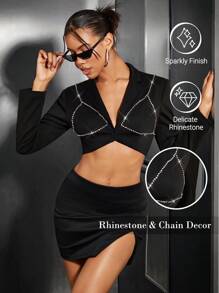 SHEIN BAE Women'S Rhinestone & Chain Decor Sexy Bralette Style Short Blazers Jacket - Black - View 6