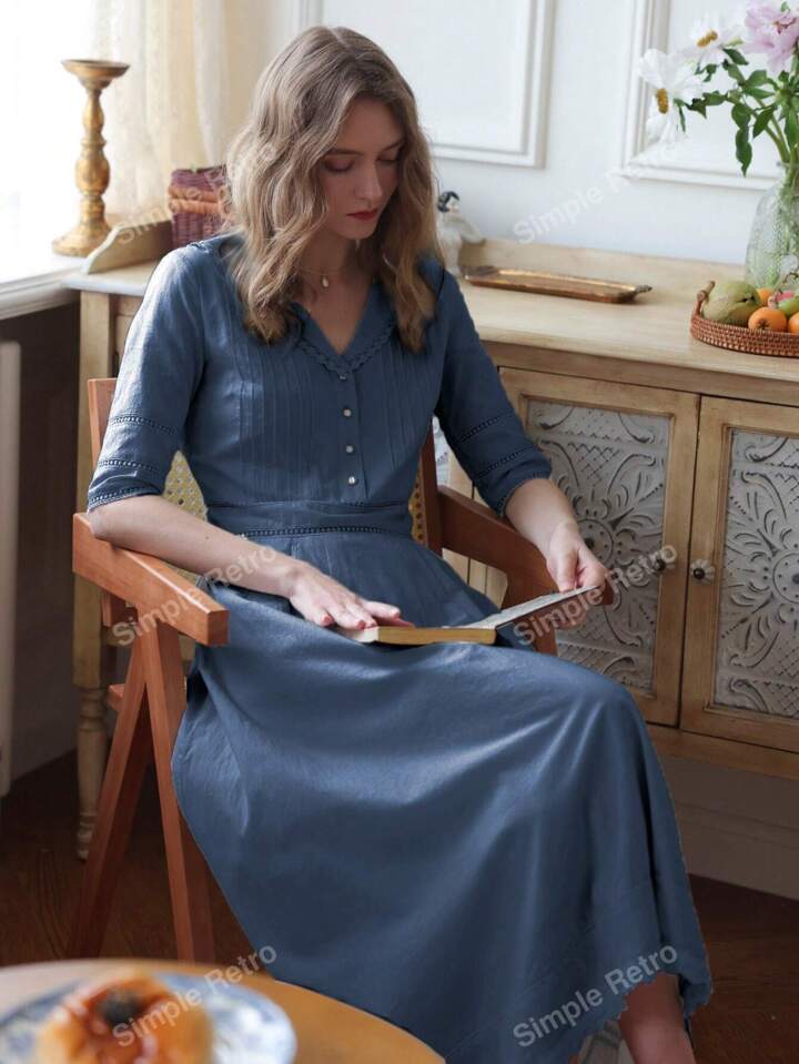 Simple Retro Fiona Cotton V Neck Midi Dress | SHEIN USA