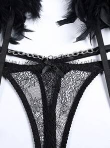 花卉蕾丝钢圈吊袜带内衣套装，坏蛋造型 - 黑色 - 查看 5