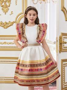 SHEIN Leap Crew Tween Girl Exaggerated Ruffle Sleeve Geometric Print Round Neck Shirt With Skirt Two-Piece Suit - White - View 1