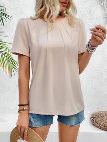SHEIN LUNE Camisa De Manga Abullonada De Color Sólido Con Pliegues Pellizcados - Albaricoque - Ver 6