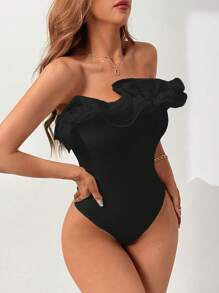 Firerie Solid Layered Ruffle Trim Tube Bodysuit - Black - View 3