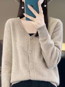 新款春季時尚復古純色薄款V領開襟針織衫 - 駝色 - 查看 3