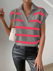 Chiquease Women's Casual Fashionable Striped V-Neck Sweater Vest - Dark Grey - View 6
