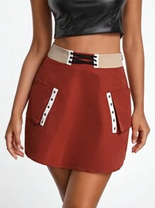 Zisun Designer Color Block High Waist Double Pocket Mini Elegant Skirt, For Summer, Holiday, Party, Vacation, New Year Eve, Festival - Red - View 5