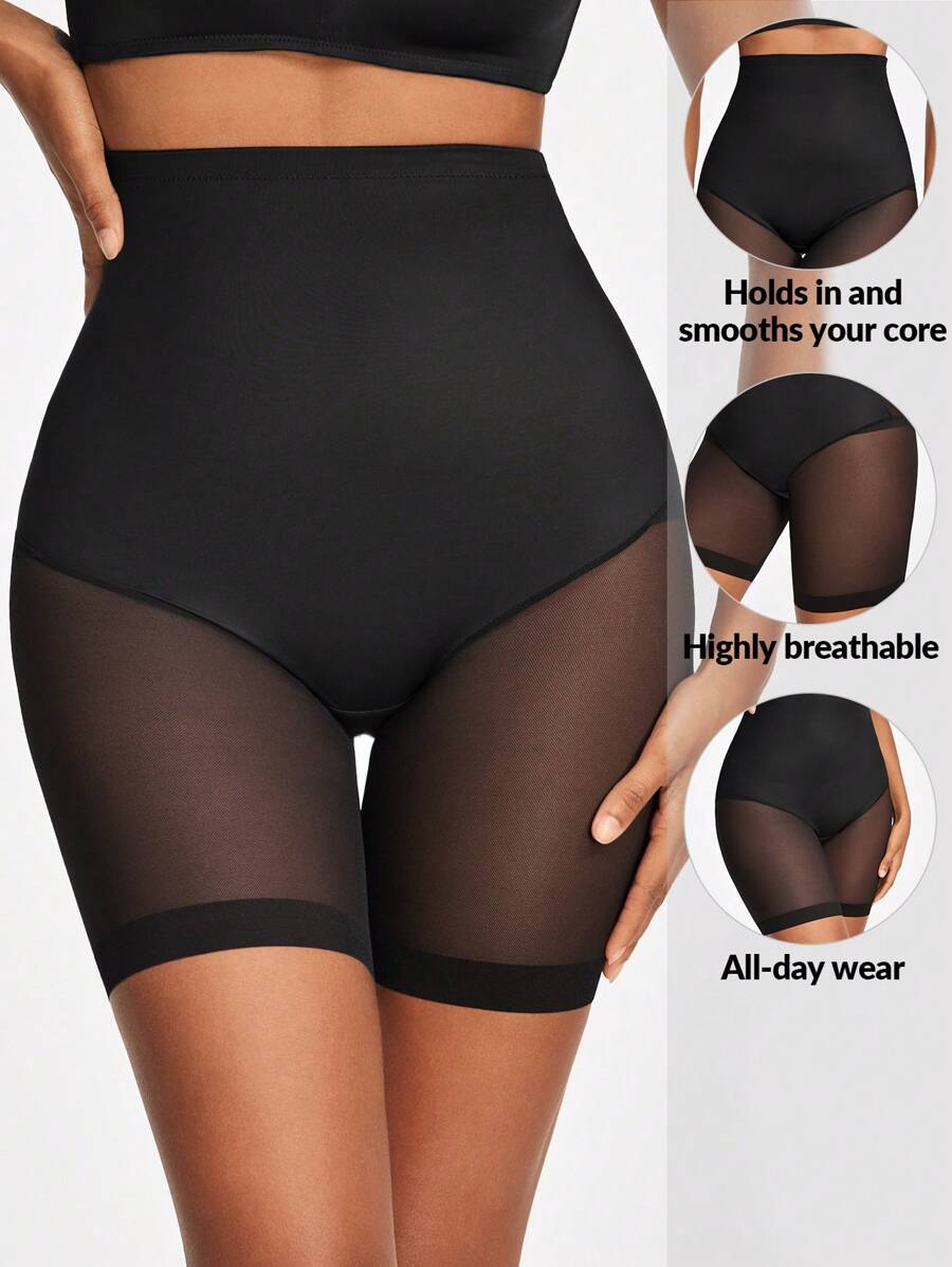 SHAPORA Women's High Waist Tummy Control Shapewear Shorts With Sheer Mesh Panel - Black - View 1