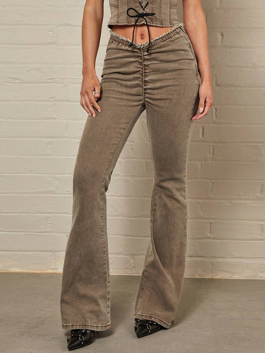 Forever 21 Y2k Style Pleated Low Waist Flared Jeans - Brown - View 1