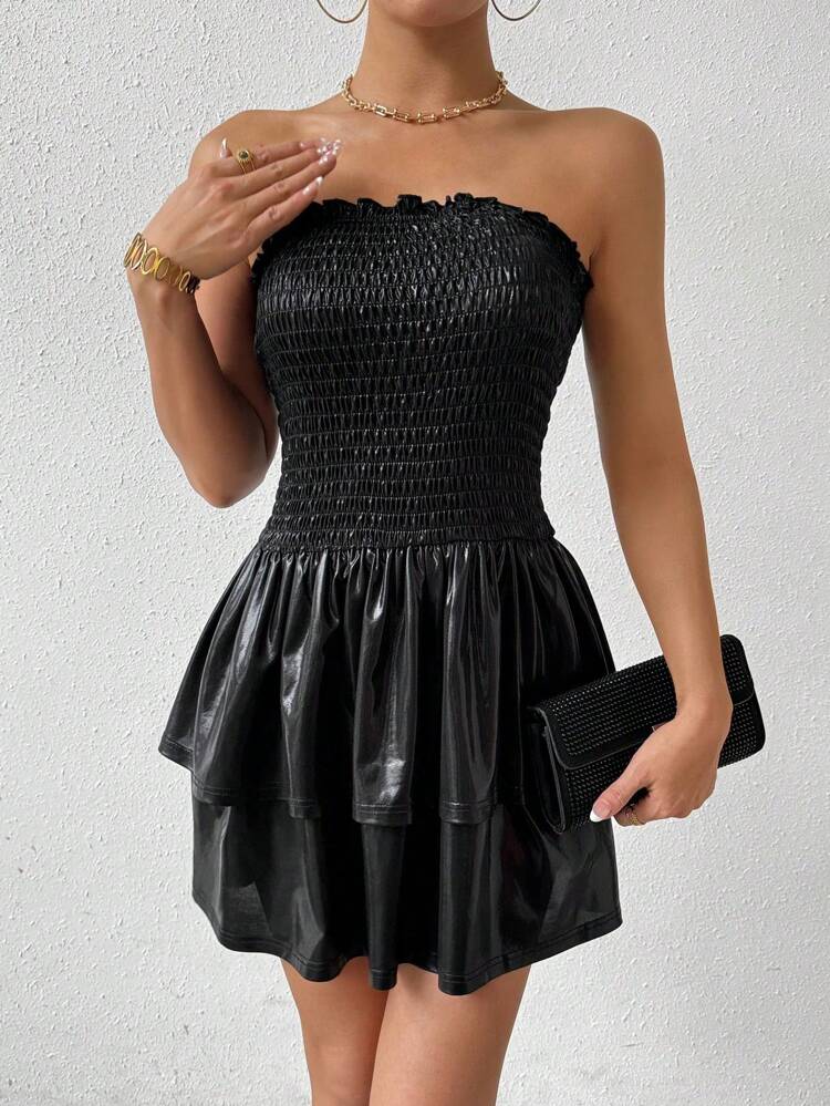 Patchwork Pu Strapless Dress