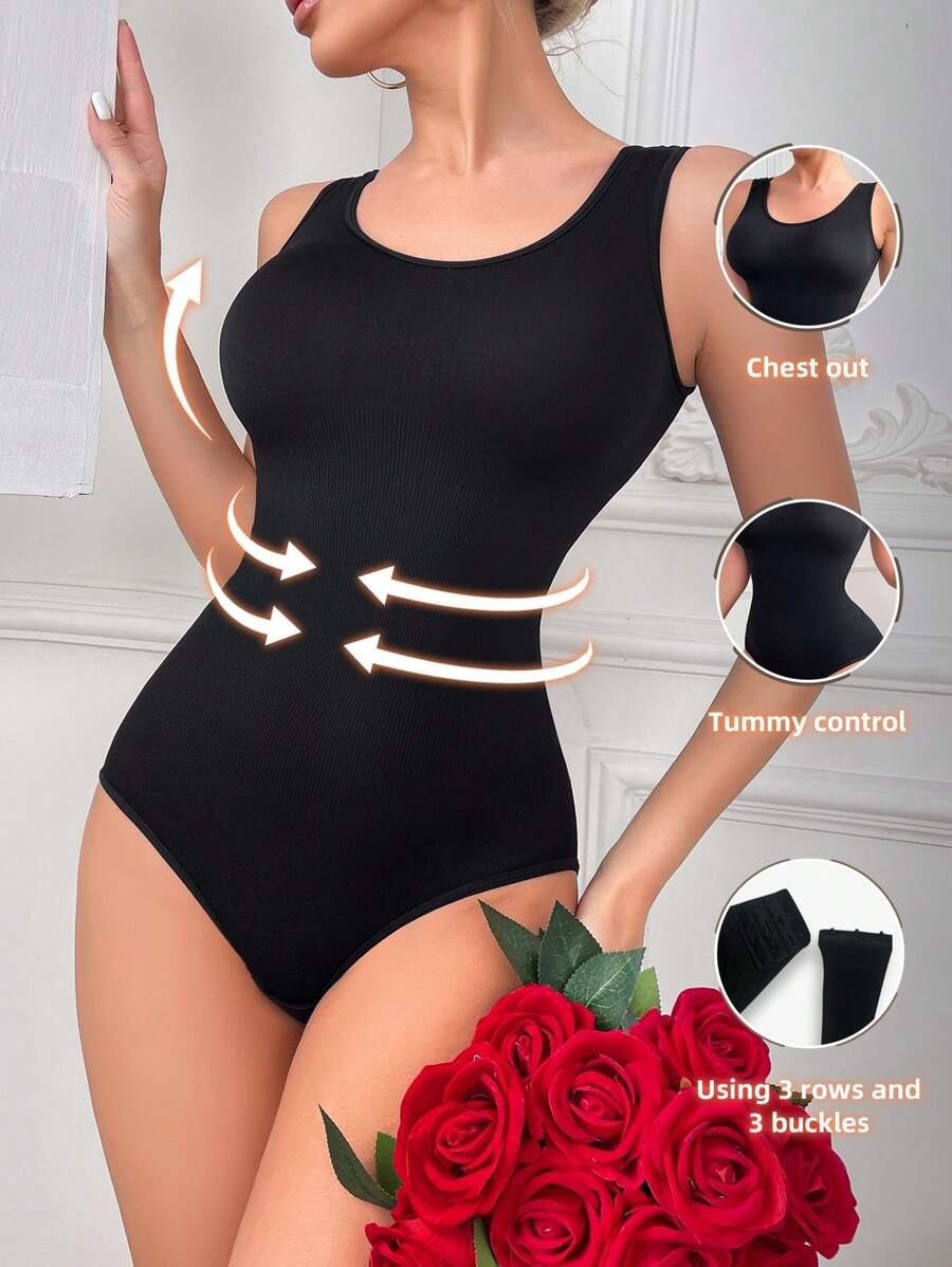 Women's Shapewear Bodysuit With Round Collar And Ruched Seams - Black - View 1