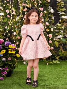 SHEIN 少女款夏季優雅精緻緹花編織束腰連身裙，附編織緞帶細節 - 粉色 - 查看 6