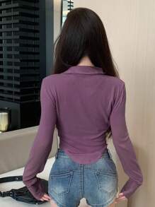 DAZY 纯色拉链前开合修身长袖 T 恤，秋季服装，返校服装 - 紫色 - 查看 4