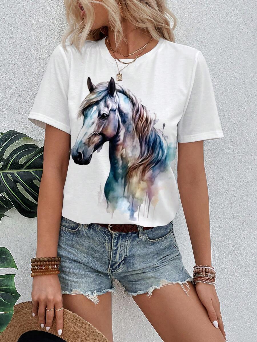 SHEIN LUNE Women's Horse Print Short Sleeve T-Shirt - White - View 1