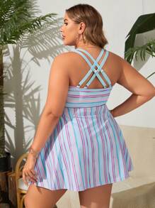 Swim Lushoire Conjunto de Tankini de talla grande de verano para playa con detalles de cordón y bloques de color en rayas - Multicolor - Ver 2