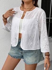 Breezaya Plus Size Women's Texture Asymmetrical Cutout Open Front Mid-Sleeve Jacket
